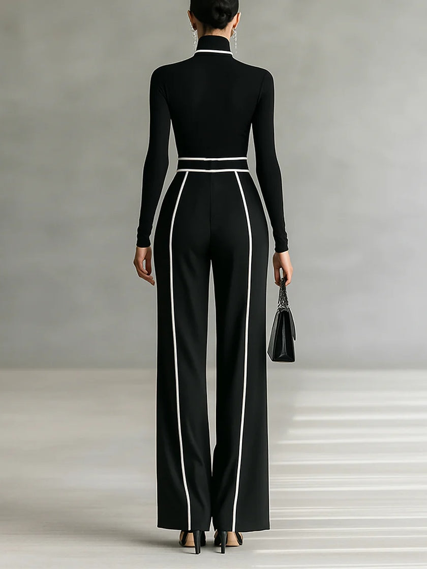 Capri - Women's Turtleneck Top & Wide-Leg Piped Pants Set