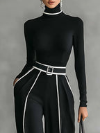 Capri - Women's Turtleneck Top & Wide-Leg Piped Pants Set