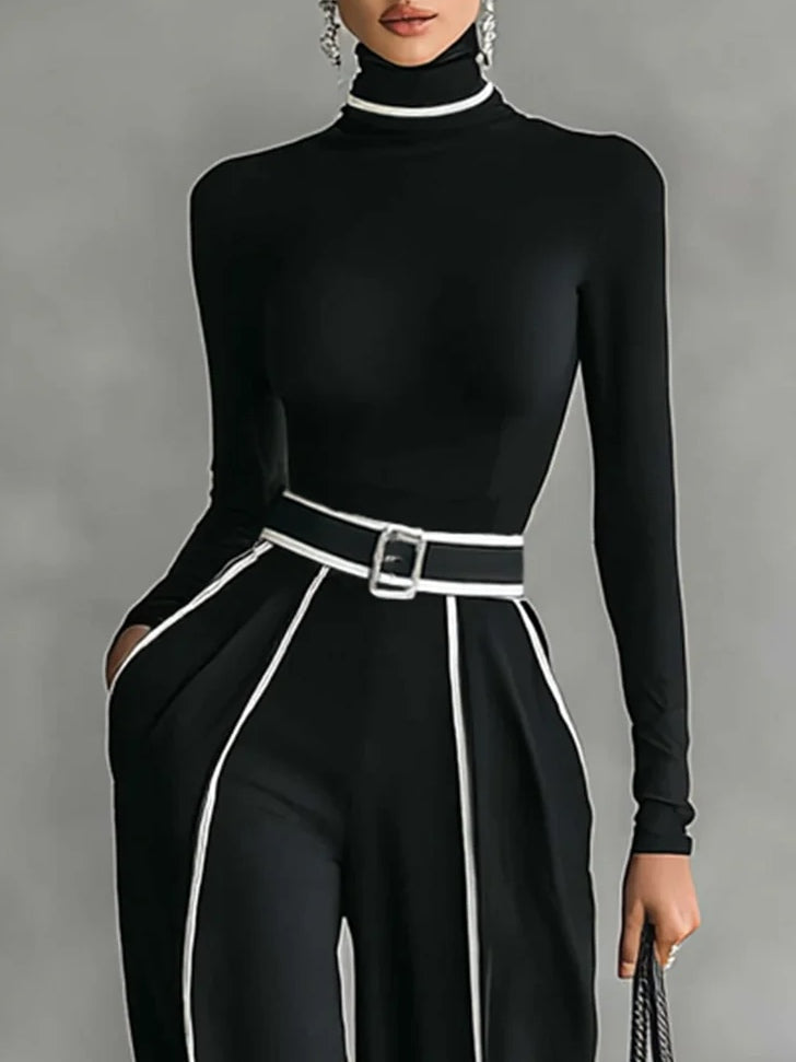Capri - Women's Turtleneck Top & Wide-Leg Piped Pants Set