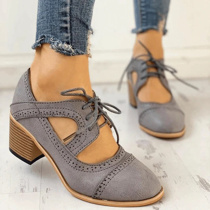 Carina - Women's Perforated Lace-Up T-Strap Heeled Oxford