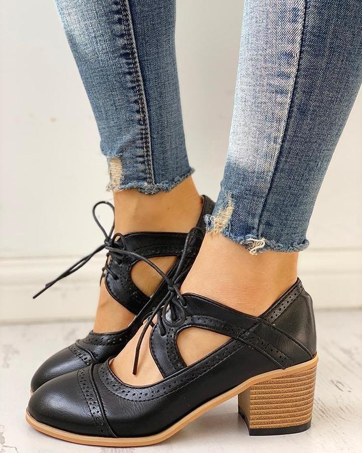Carina - Women's Perforated Lace-Up T-Strap Heeled Oxford