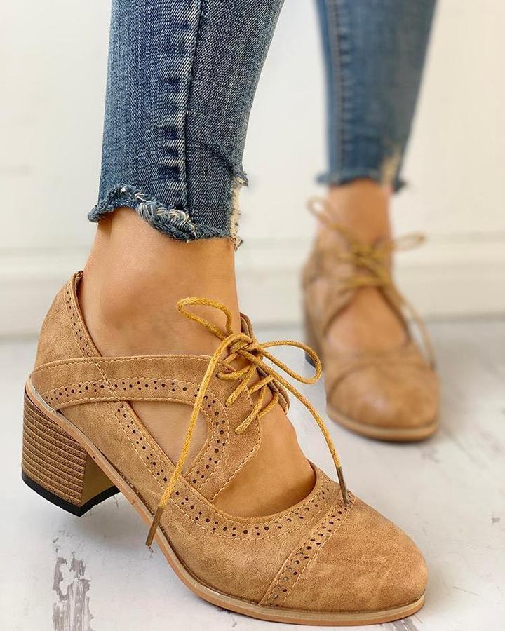 Carina - Women's Perforated Lace-Up T-Strap Heeled Oxford