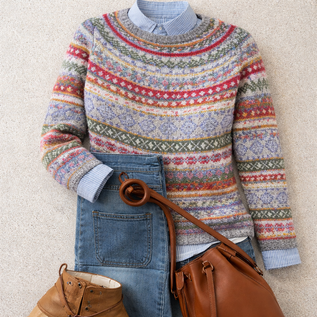 Caroline - Women's Nordic Fair Isle Sweater with Ribbed Crew Neck