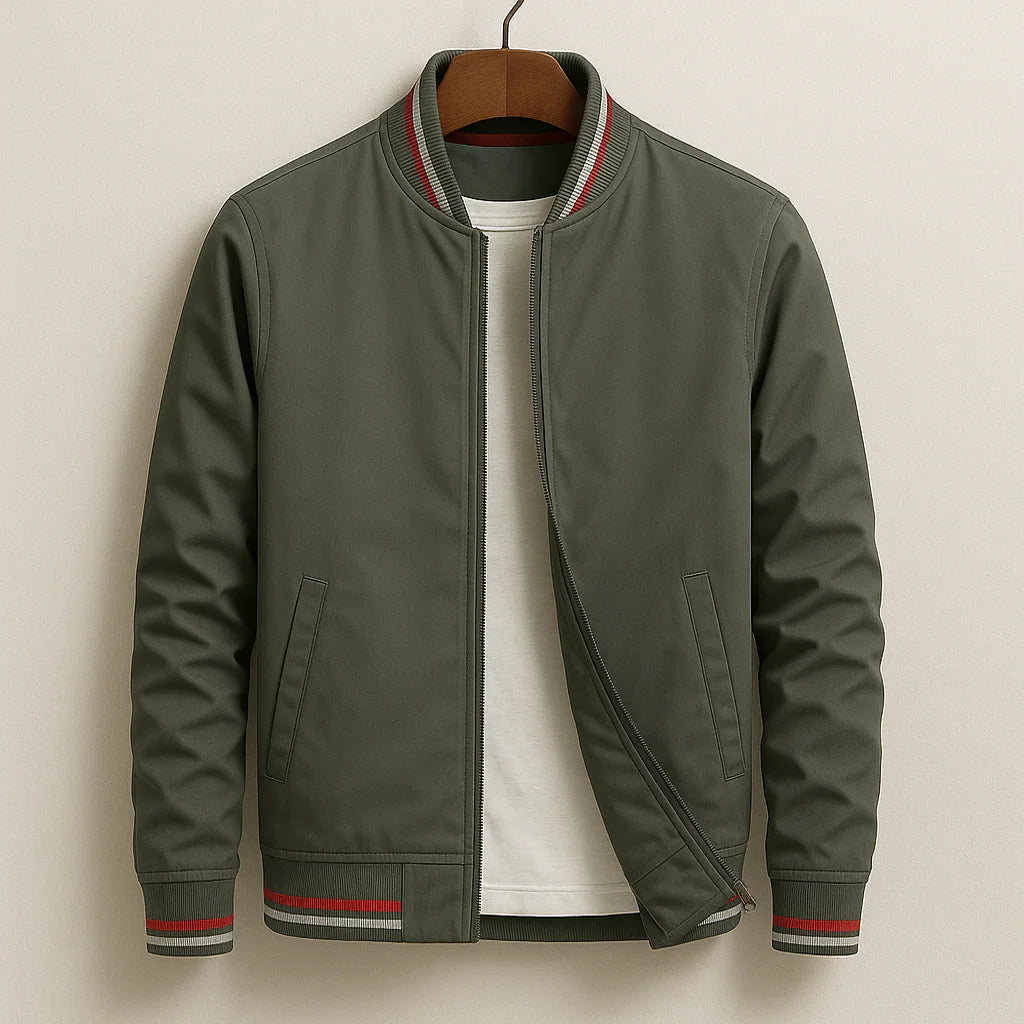 Caspian - Men's Zip-Up Bomber Jacket with Striped Ribbed Trim