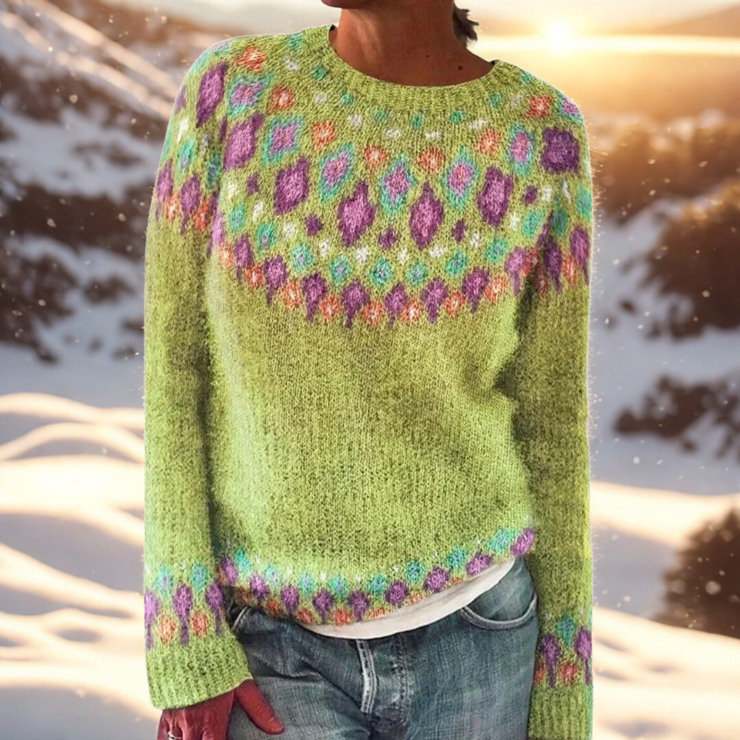 Cecily - Women's Fair Isle Patterned Sweater with Ribbed Trim
