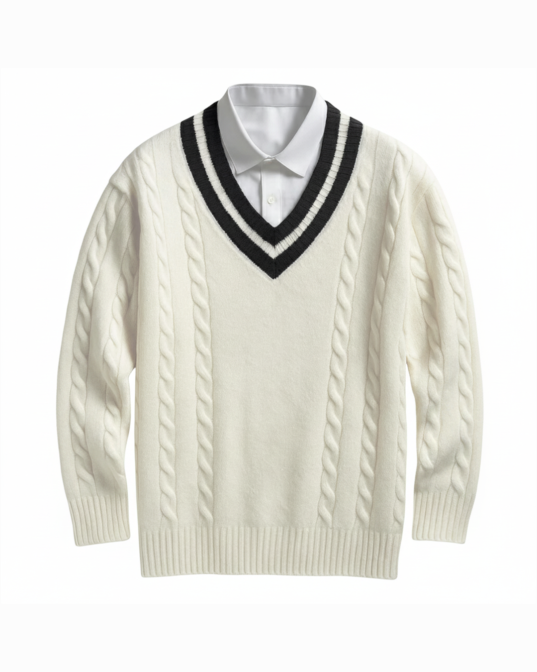 Cole - Men's Cable-Knit V-Neck Sweater with Striped Collar