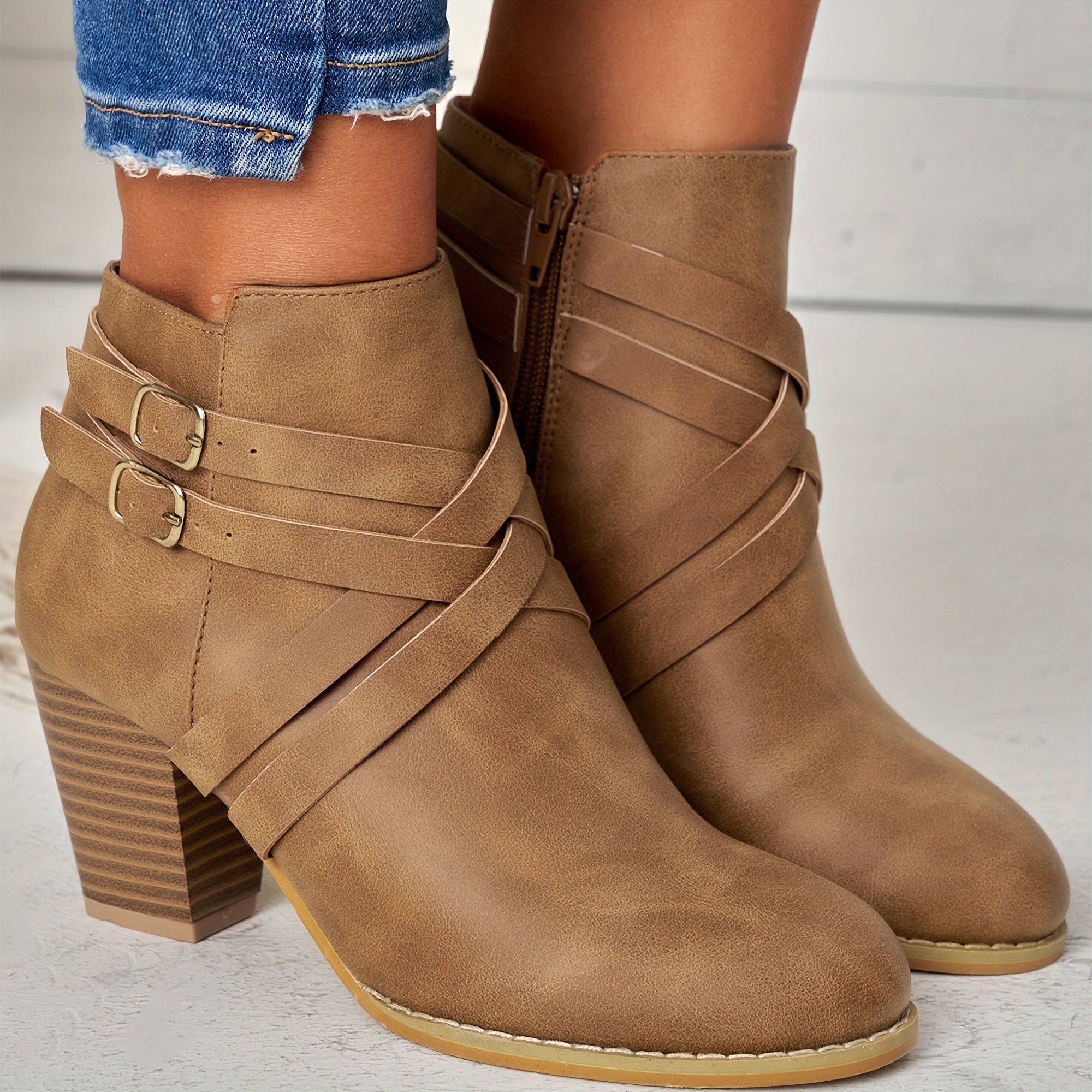 Colene - Women's Buckle-Strap Block Heel Ankle Boots