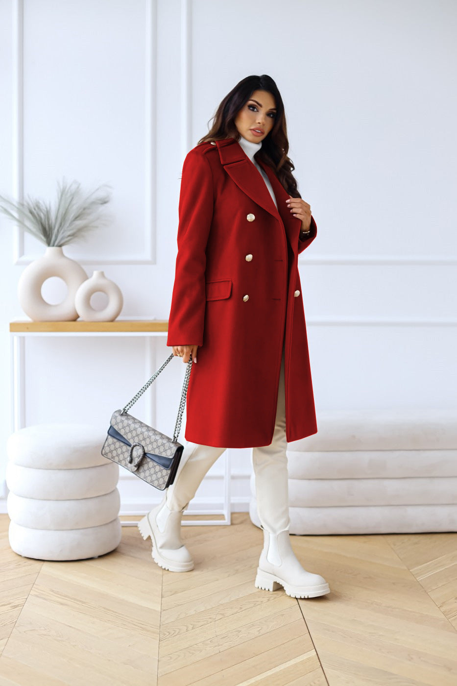 Dana - Women's Peak-Lapel Tailored Coat with Gold Buttons