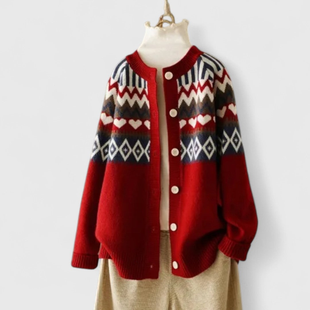 Dayana - Women's Fair Isle Pattern Button-Front Cardigan