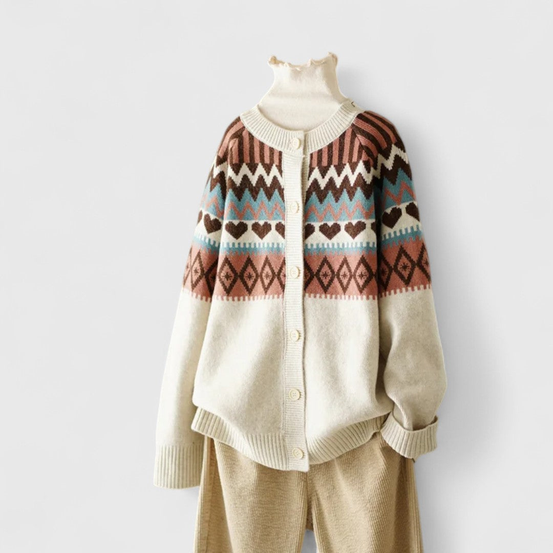 Dayana - Women's Fair Isle Pattern Button-Front Cardigan