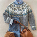 Deborah - Women's Nordic Patterned Pullover with Striped Collar