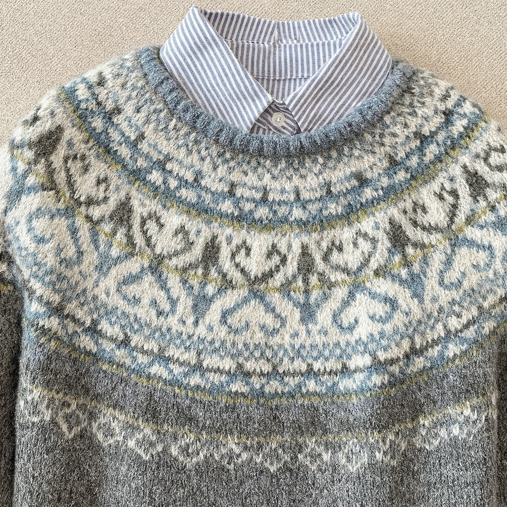 Deborah - Women's Nordic Patterned Pullover with Striped Collar