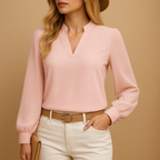 Diana - Women's Textured Long-Sleeve V-Neck Blouse