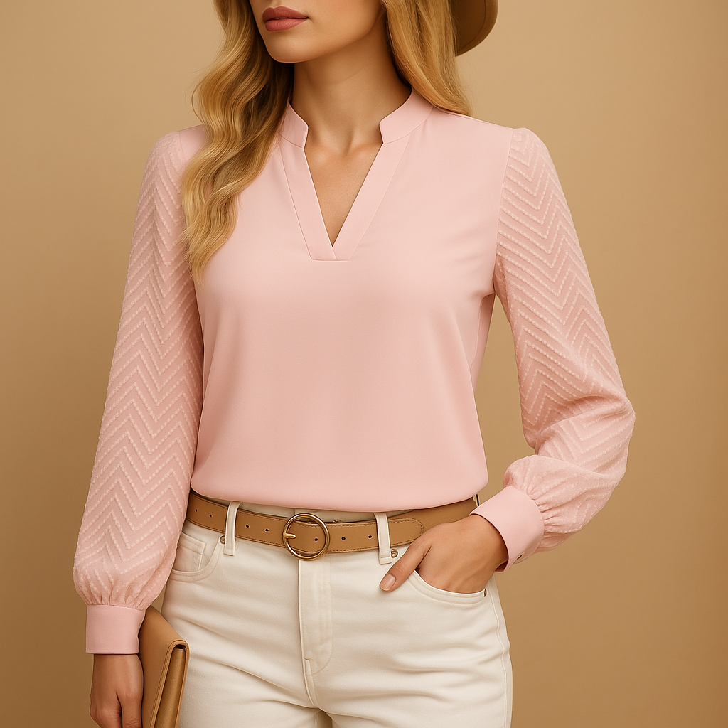 Diana - Women's Textured Long-Sleeve V-Neck Blouse