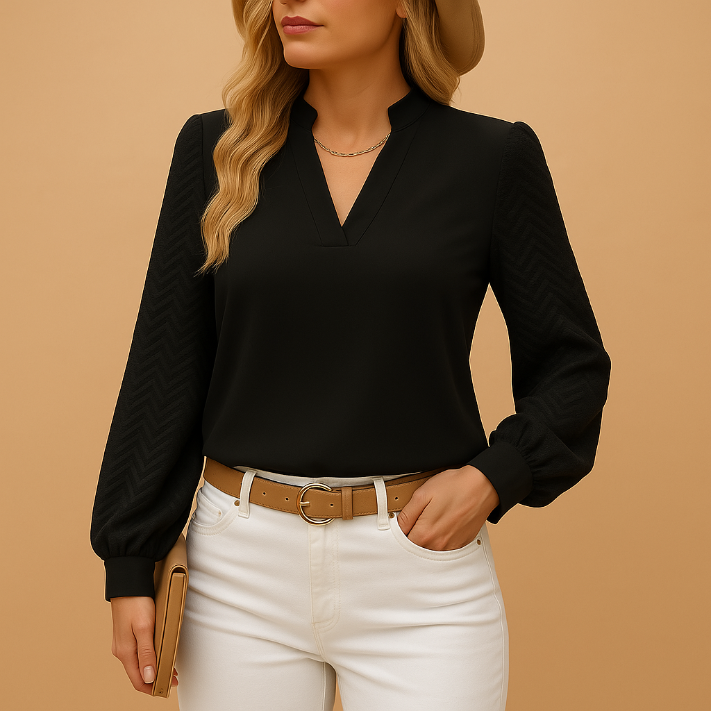 Diana - Women's Textured Long-Sleeve V-Neck Blouse
