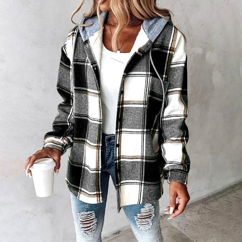 Enid - Women's Plaid Oversized Button-Down Hoodie Jacket 3