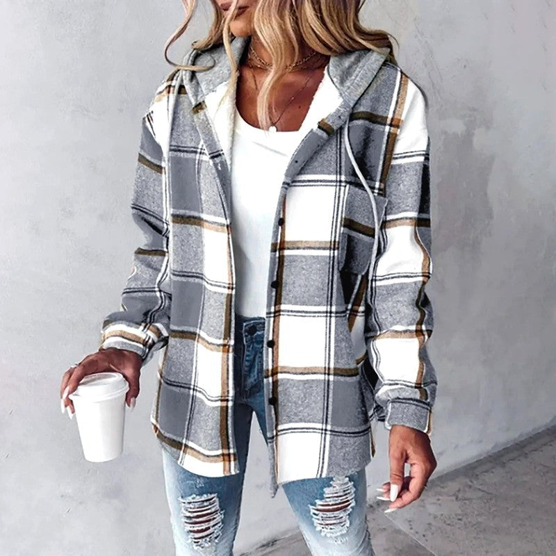 Enid - Women's Plaid Oversized Button-Down Hoodie Jacket 4
