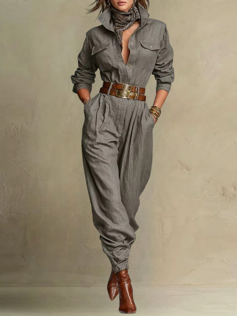 Estelle - Women's Relaxed Linen-Cotton Jumpsuit with Shirt Collar