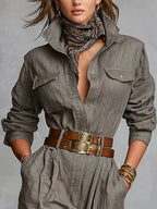 Estelle - Women's Relaxed Linen-Cotton Jumpsuit with Shirt Collar