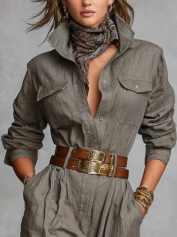 Estelle - Women's Relaxed Linen-Cotton Jumpsuit with Shirt Collar