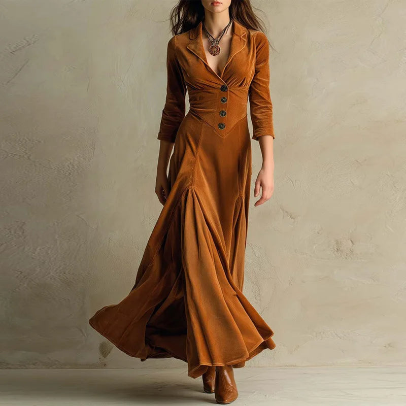 Eve - Women's Velvet Maxi Dress with Tailored Bodice and Button Front