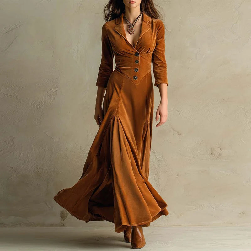 Eve - Women's Velvet Maxi Dress with Tailored Bodice and Button Front