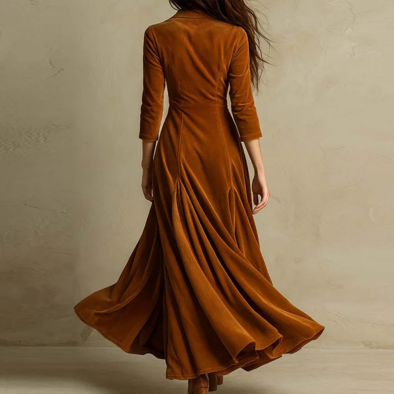 Eve - Women's Velvet Maxi Dress with Tailored Bodice and Button Front