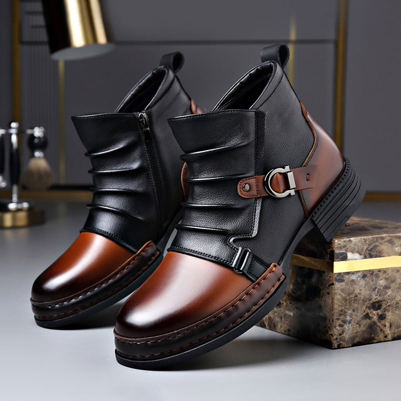 Fabian - Men's Two-Tone Leather Ankle Boots with Buckle Accent