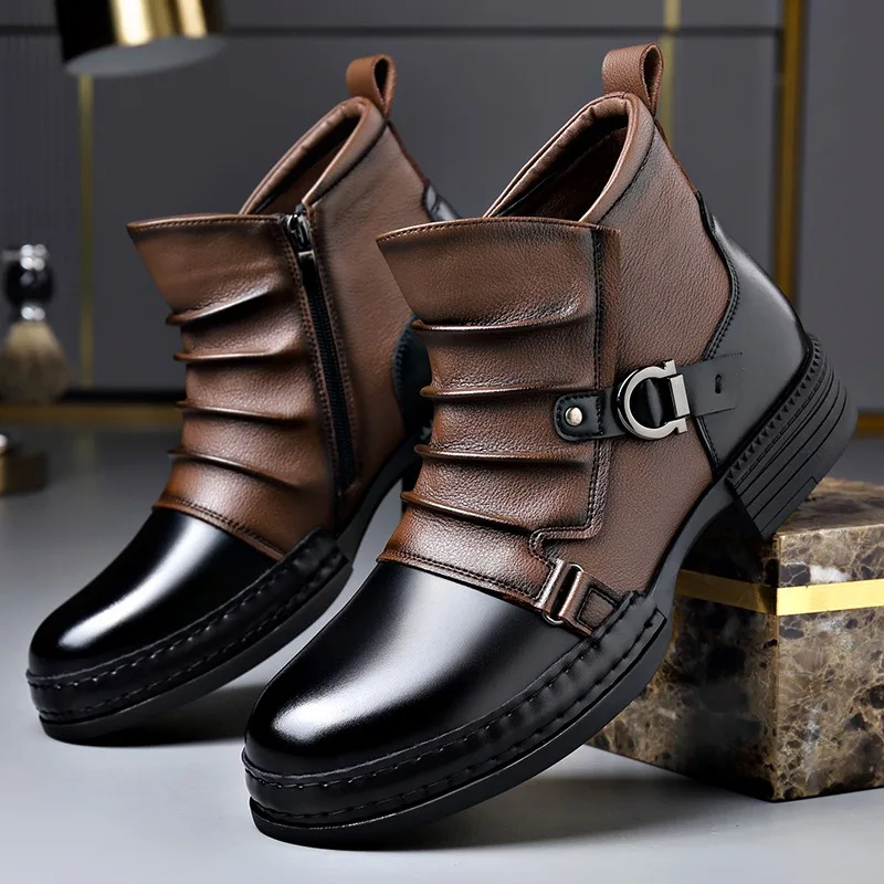 Fabian - Men's Two-Tone Leather Ankle Boots with Buckle Accent