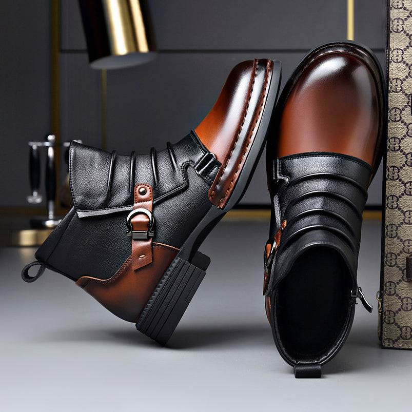 Fabian - Men's Two-Tone Leather Ankle Boots with Buckle Accent