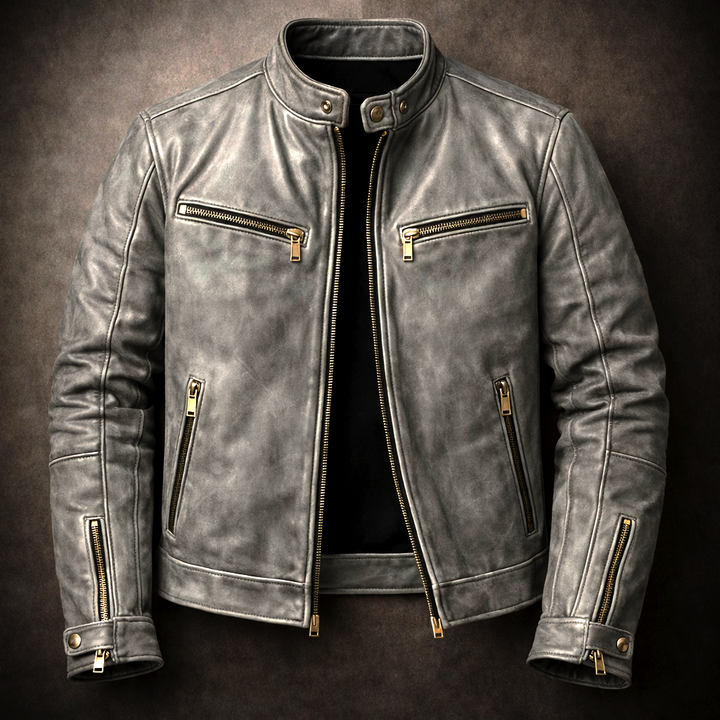 Garrett - Men's Distressed Leather Jacket with Gold Hardware