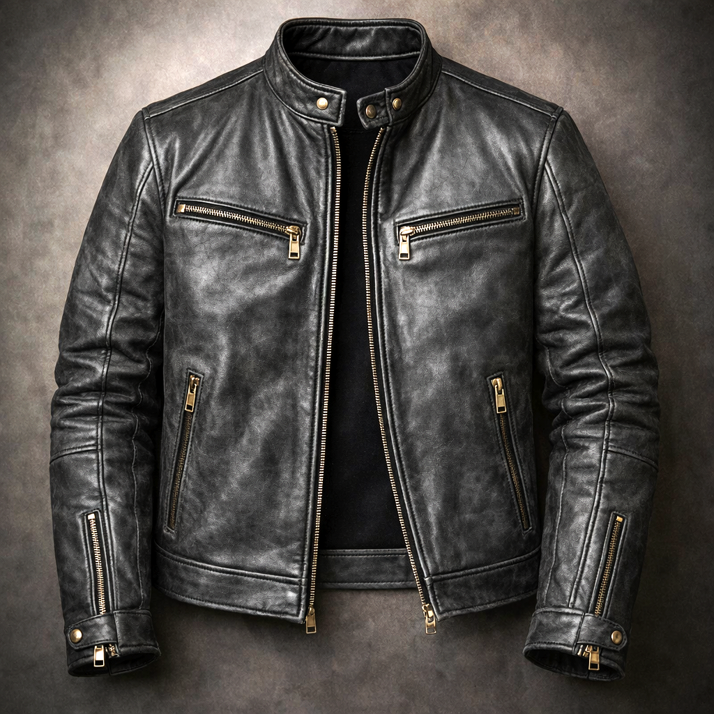 Garrett - Men's Distressed Leather Jacket with Gold Hardware