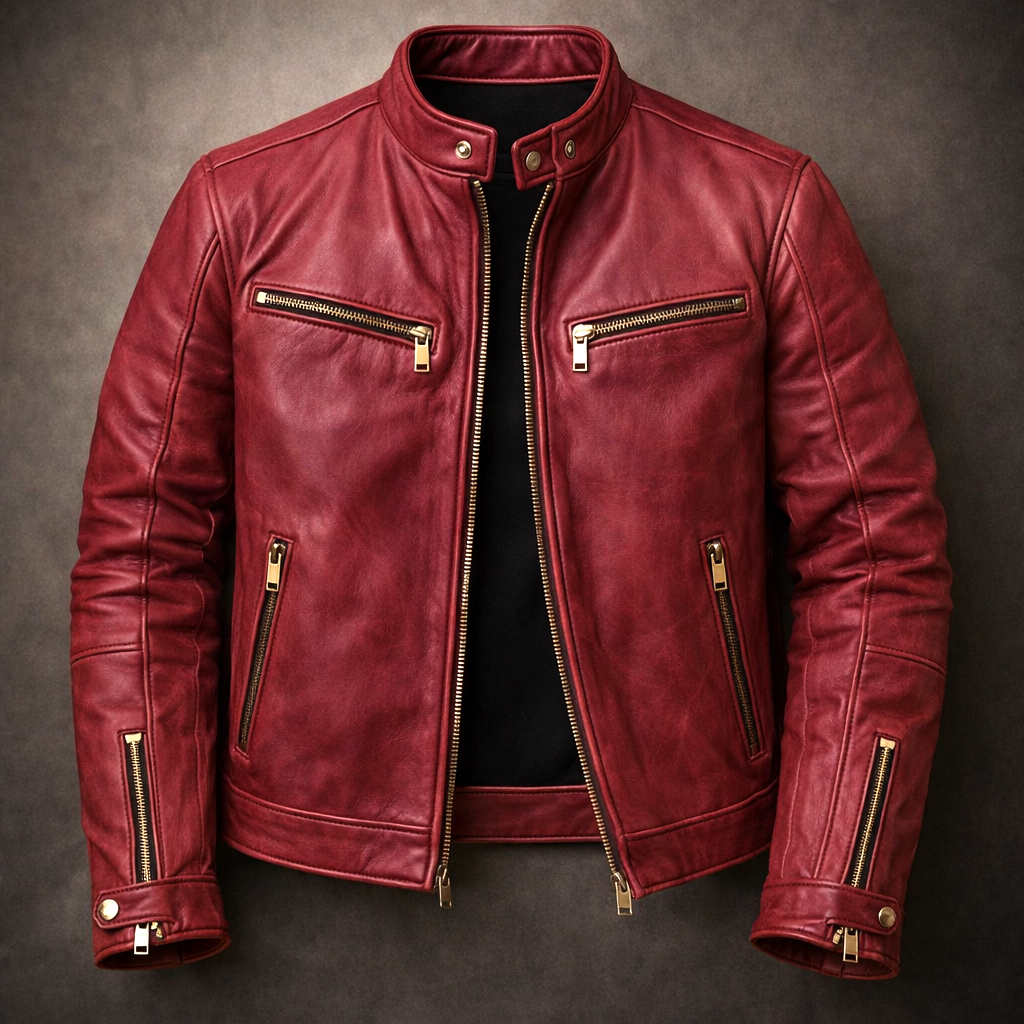Garrett - Men's Distressed Leather Jacket with Gold Hardware