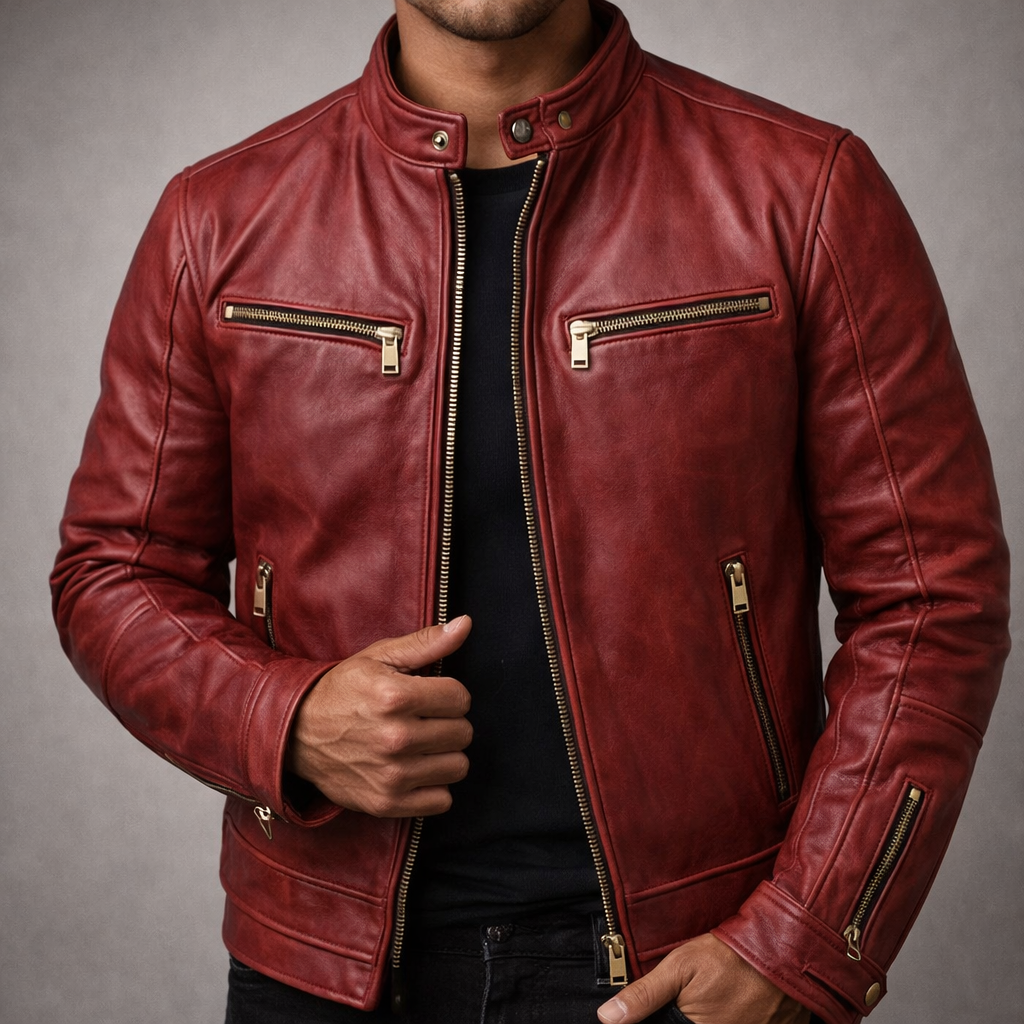 Garrett - Men's Distressed Leather Jacket with Gold Hardware