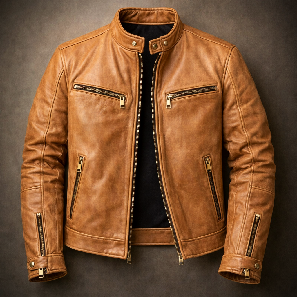 Garrett - Men's Distressed Leather Jacket with Gold Hardware