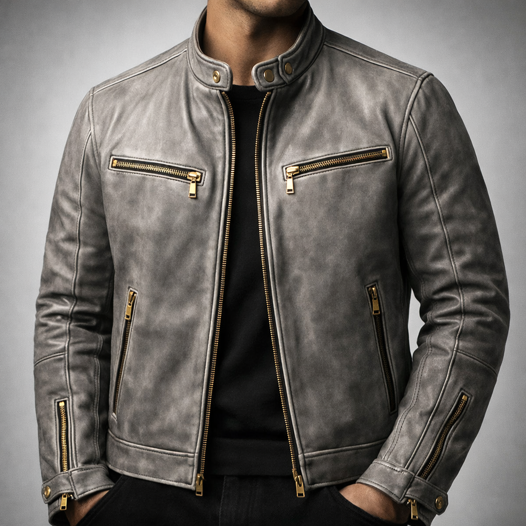 Garrett - Men's Distressed Leather Jacket with Gold Hardware