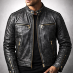Garrett - Men's Distressed Leather Jacket with Gold Hardware