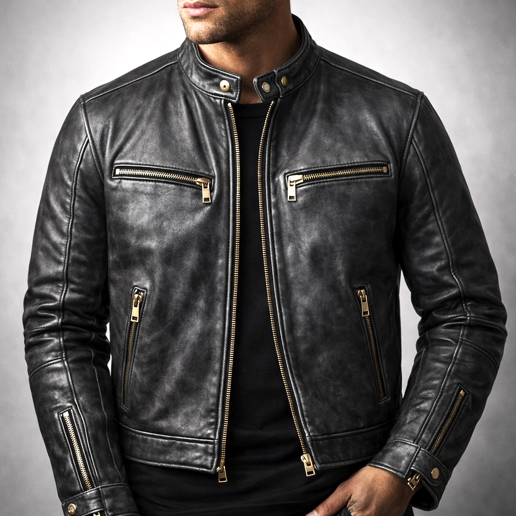 Garrett - Men's Distressed Leather Jacket with Gold Hardware