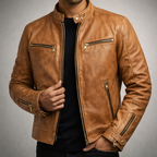 Garrett - Men's Distressed Leather Jacket with Gold Hardware