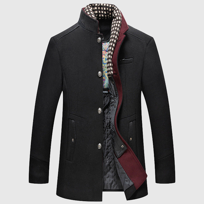 Gerald - Men's Button-Front Wool Coat with Stand Collar
