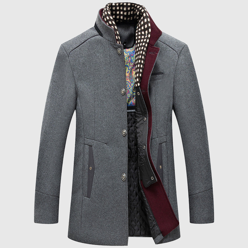 Gerald - Men's Button-Front Wool Coat with Stand Collar