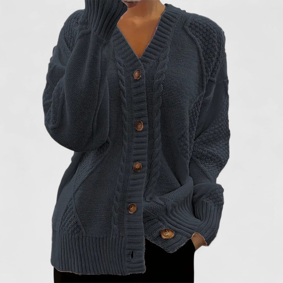 Gina - Women's Cable-Knit V-Neck Cardigan with Button Closure
