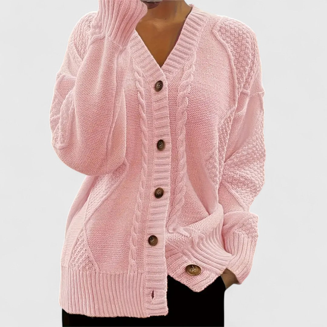 Gina - Women's Cable-Knit V-Neck Cardigan with Button Closure