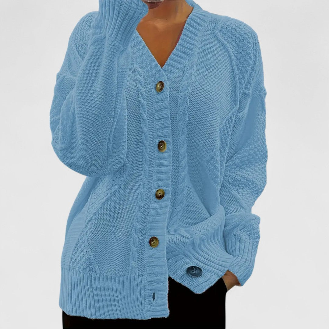 Gina - Women's Cable-Knit V-Neck Cardigan with Button Closure