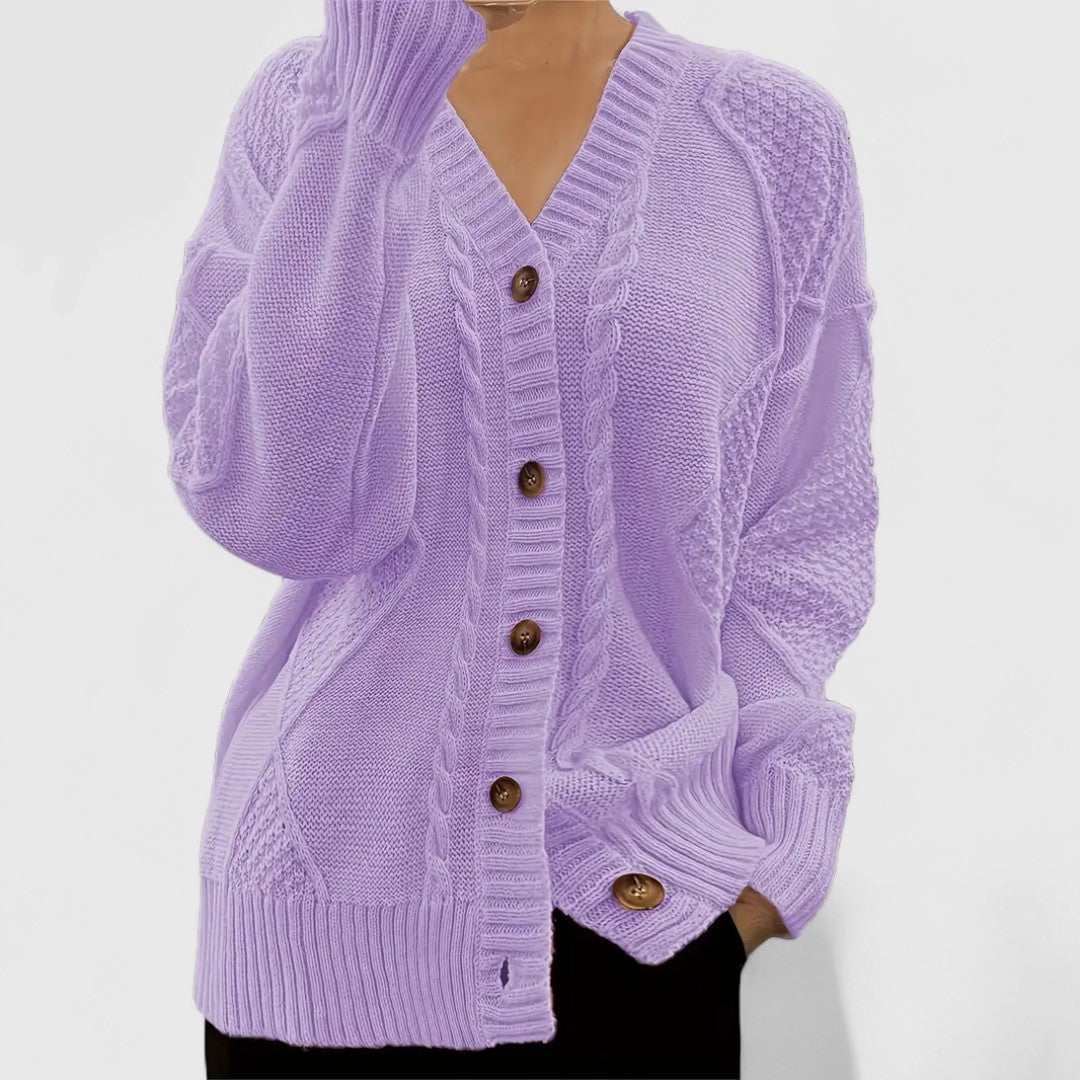 Gina - Women's Cable-Knit V-Neck Cardigan with Button Closure