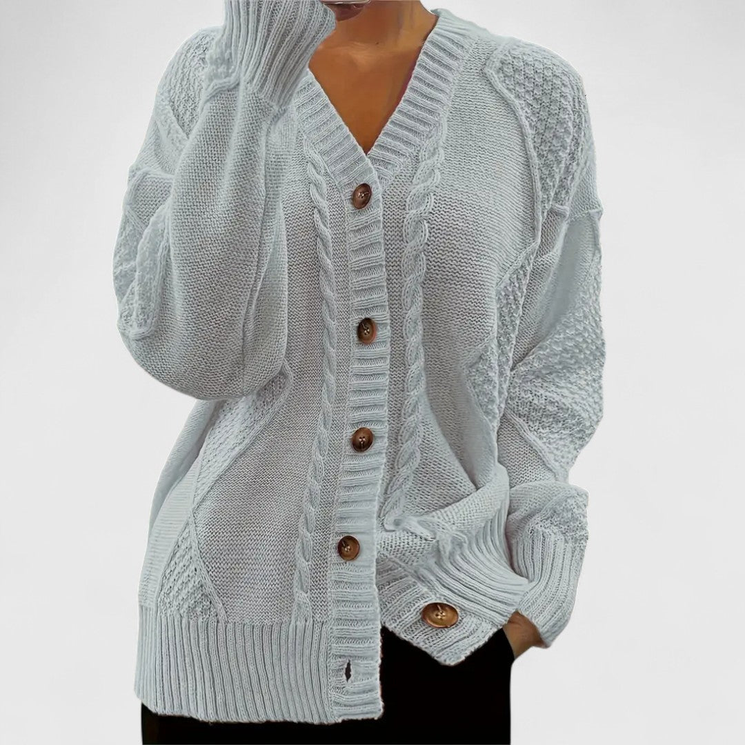 Gina - Women's Cable-Knit V-Neck Cardigan with Button Closure