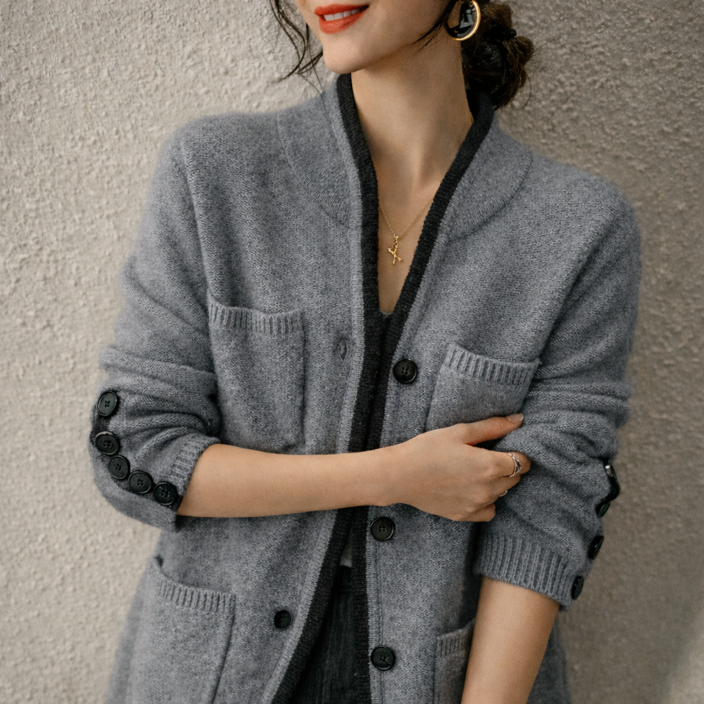 Giselle - Women's Brushed-Knit Cardigan with Button Cuffs