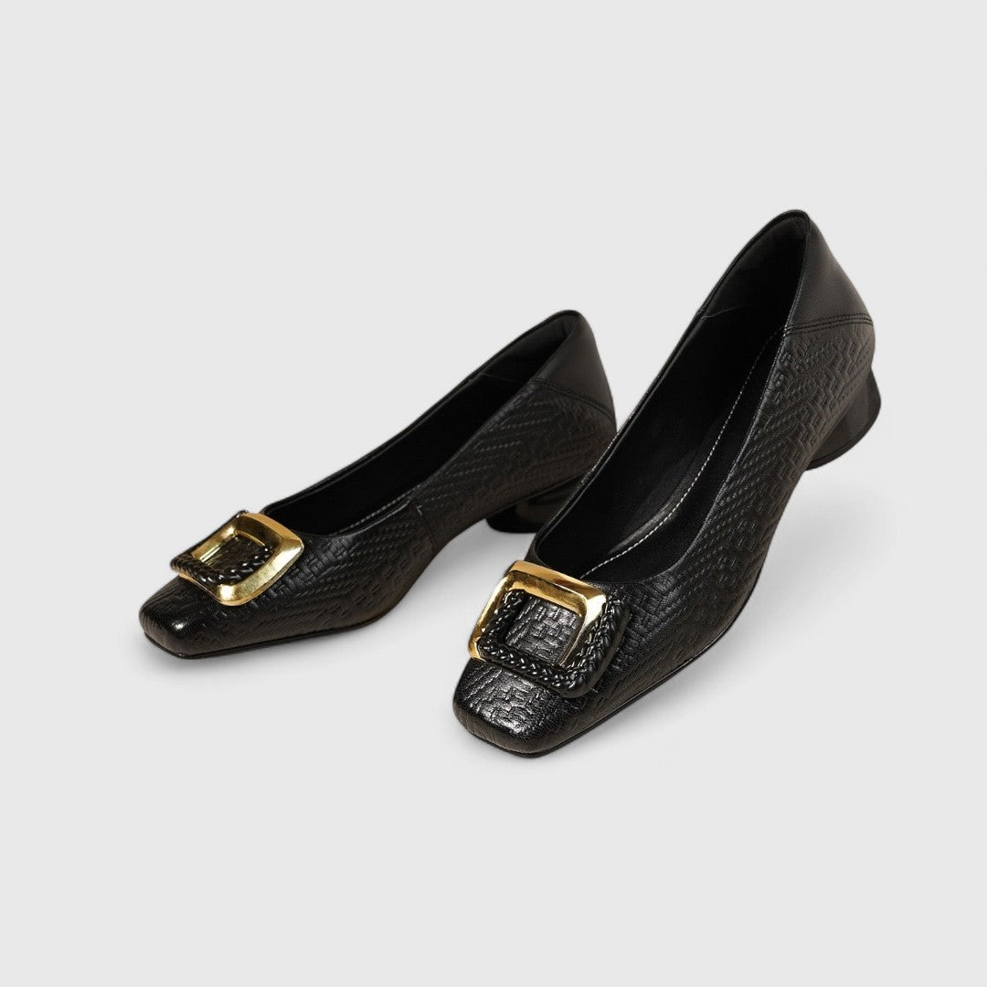 Gracelyn - Women's Buckle-Accent Low Heels with Textured Square Toe