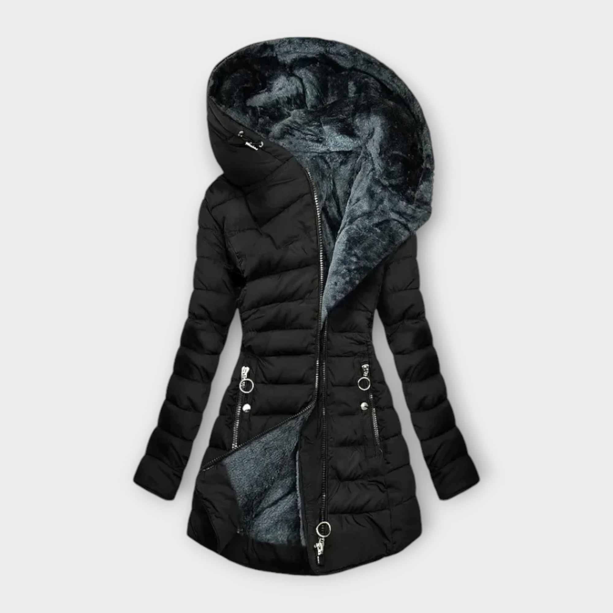 Guinevere - Women's Padded Long Coat with Velvet-Lined Hood