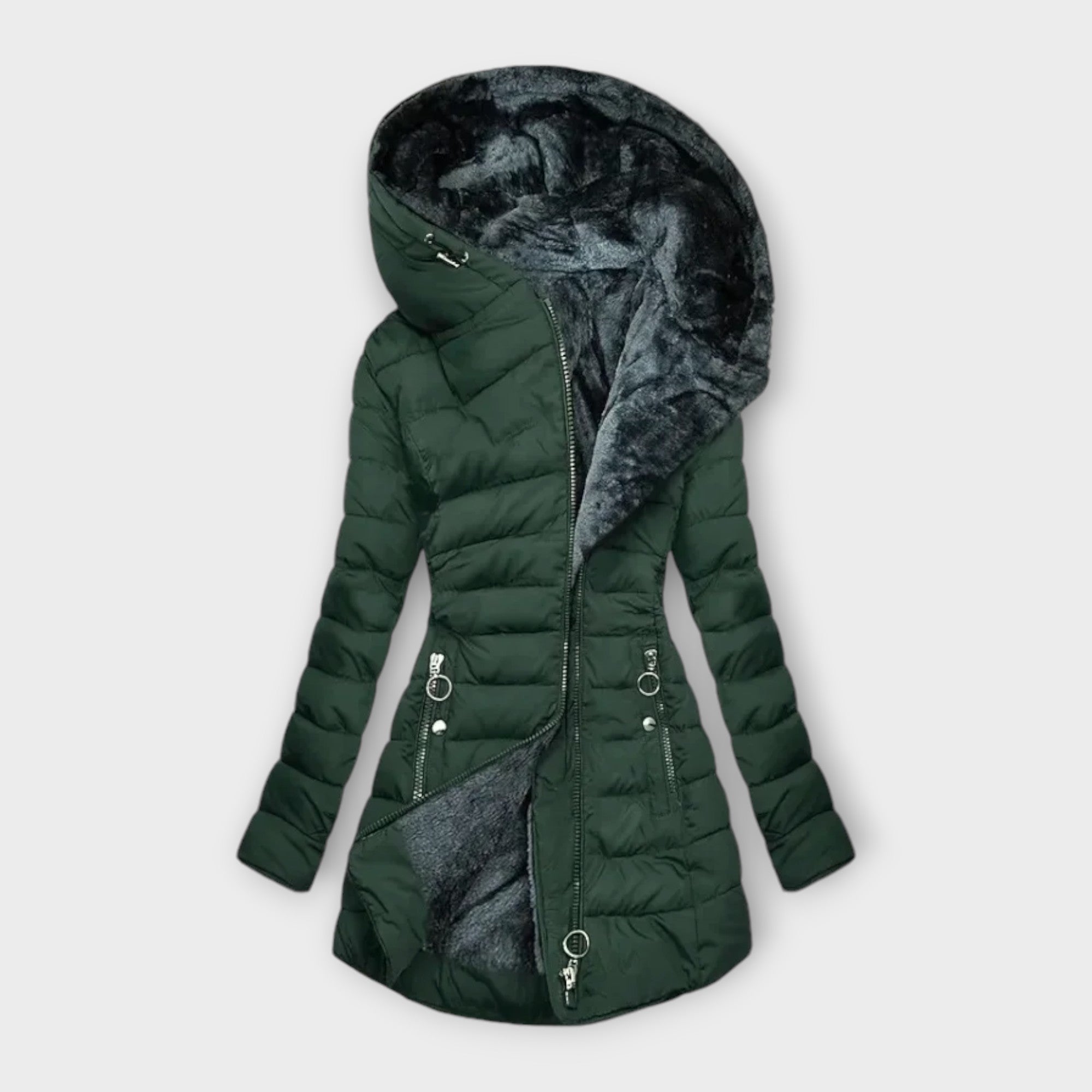 Guinevere - Women's Padded Long Coat with Velvet-Lined Hood